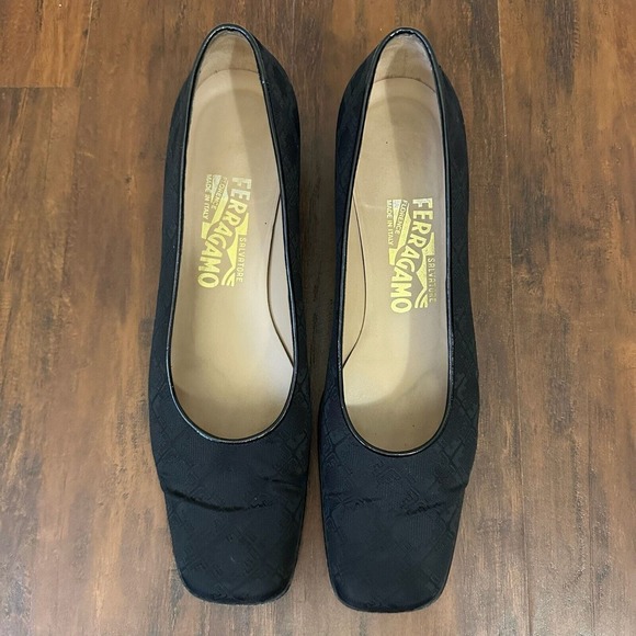 SALVATORE FERRAGAMO Slip-On Square Toe Pump Heels in Black Check Cloth - Picture 3 of 12